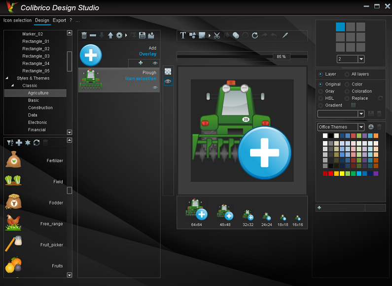 Colibrico Design Studio is a large graphics collection and design tool. With Colibrico you automate the creation of Icon Sets. The export formats SVG, PNG, BMP, JPG and ICO (RGB / A) are supported.